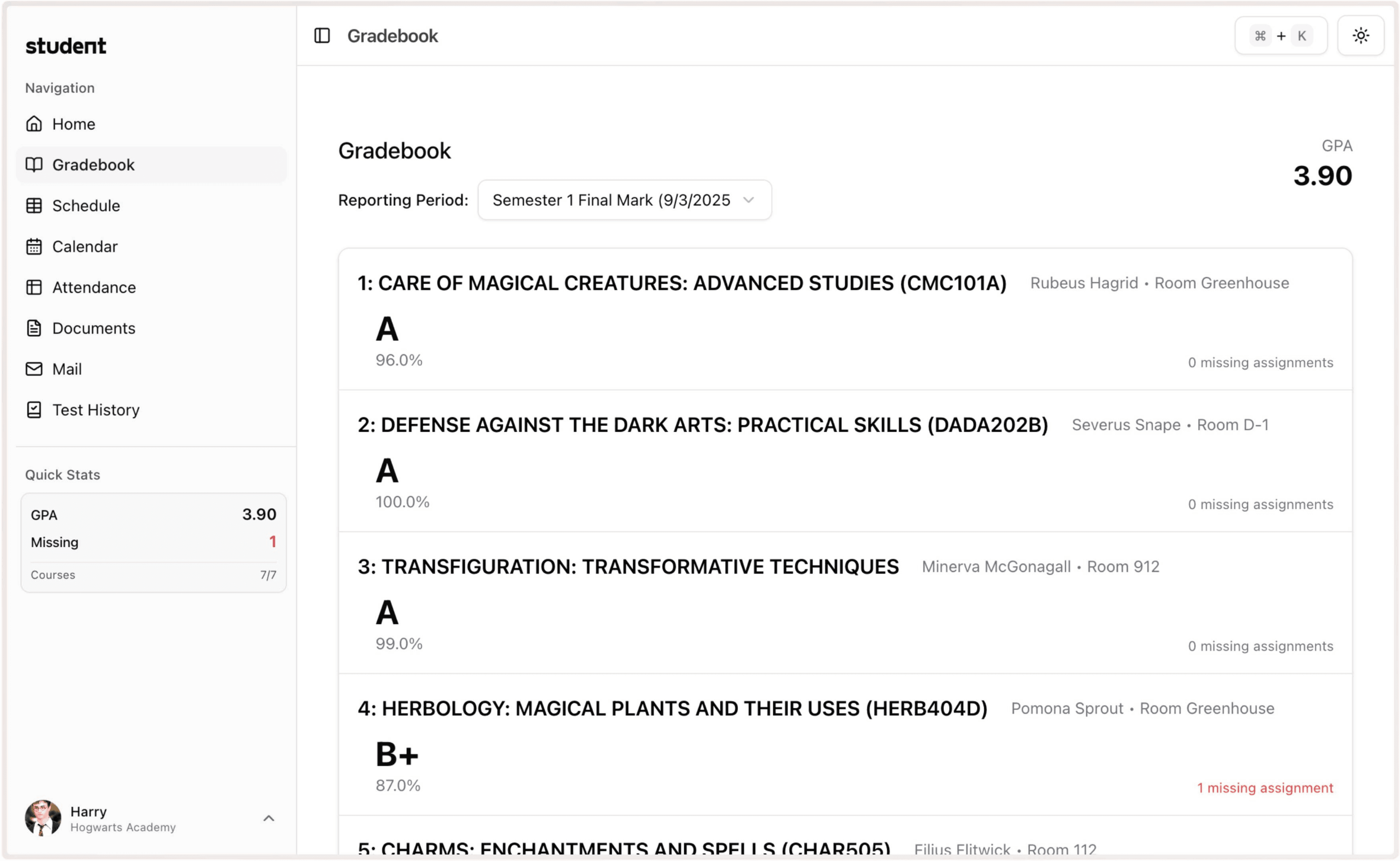 Gradebook screenshot